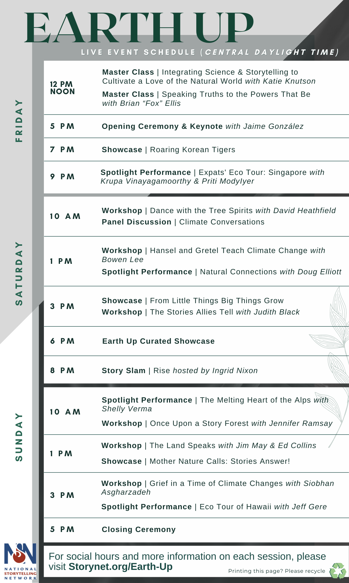 Earth Up 2022 Schedule (times are US Central Daylight Time)